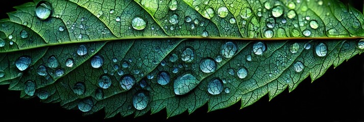 Aufkleber - Morning Dew Adorns a Leaf Showcasing Intricate Veins in a Serene Natural Environment