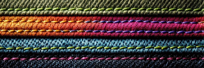 Poster - Colorful Stitching on Detailed Denim Fabric Showcasing Intricate Textures and Vibrant Threads for Fashion Enthusiasts