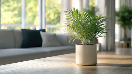 Poster - healthy palm plant in modern pot sits on wooden table, illuminated by natural light streaming through large windows. serene indoor setting creates calming atmosphere