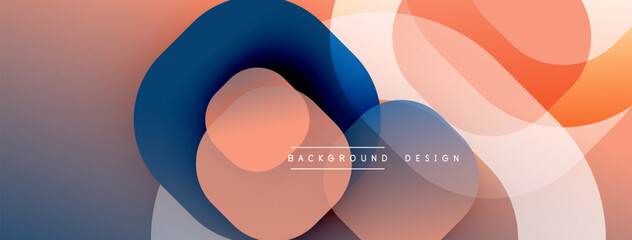 Fototapete - Abstract background features overlapping translucent circles. Warm color palette includes shades orange, blue, peach. Modern design evokes fluidity, depth. Minimalist aesthetic suitable digital projec