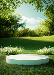 Poster - serene outdoor scene featuring white circular podium surrounded by lush green grass and blooming flowers under clear blue sky. tranquil atmosphere invites creativity and inspiration