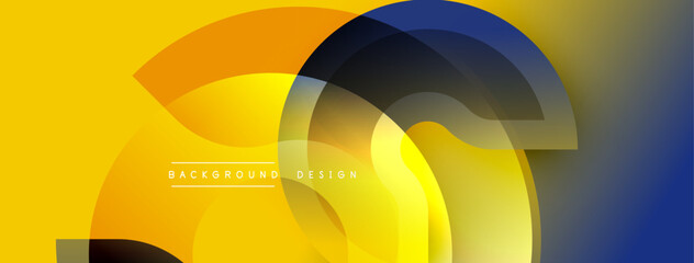 Fototapete - Abstract geometric composition. Overlapping layers create dynamic visual effect. Yellow, blue, black gradients dominate design. Modern aesthetic, suitable background element.