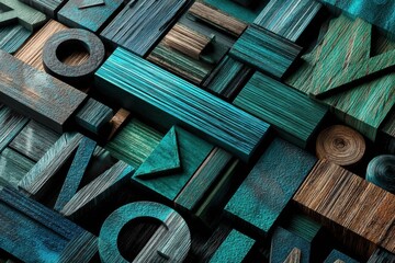 Fototapete - Modern Typography Mockup Showcasing Vibrant Oil Textures on a Unique Arrangement of Wooden Letter Blocks