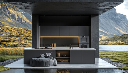 Poster - Modern kitchen design featuring sleek dark cabinetry and minimalist aesthetics, set against stunning natural backdrop of mountains and water, creating serene and stylish atmosphere