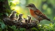 © M Anjum - A mother bird feeding her chicks in a nest, with the baby birds eagerly reaching out, set against a backdrop of lush greenery and bright sunlight. HD 8K wallpaper Photographic Image