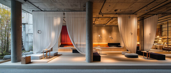 Poster - serene minimalist interior design featuring soft drapes, wooden furniture, and warm lighting. space exudes tranquility and modern elegance, perfect for relaxation and social gatherings
