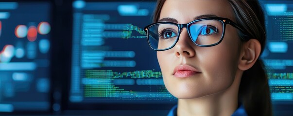 Woman looking at code with software development screen concept. Focused woman in glasses analyzing data on computer screens.