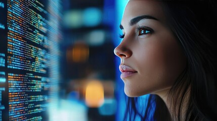Woman looking at code in digital computing developer concept. Young woman focused on digital data and technology display.