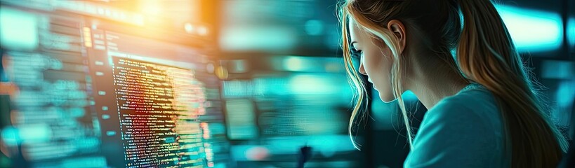 woman looking at code with software development screen concept. focused female programmer coding in 