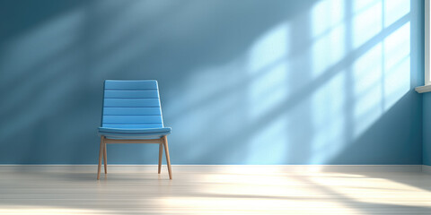 Poster - modern blue chair sits against light blue wall, casting soft shadows on wooden floor. serene atmosphere invites relaxation and contemplation