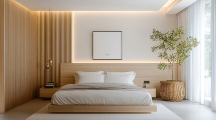 Poster - Minimalist bedroom interior featuring wooden bed frame, soft bedding, and natural light. design includes decorative plant and warm lighting, creating serene atmosphere