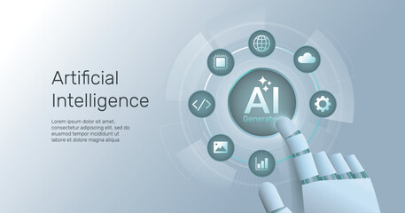 Web banner generate with AI button. AI enters by command prompt to generate ideas. Closeup robot finger press a Generate AI button. Artificial intelligence and Machine learning technology concept