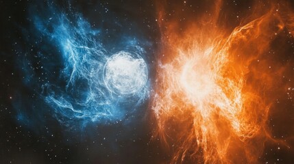 Wall Mural - Stunning cosmic duality with fiery orange and icy blue nebulae converging in space, symbolizing balance, energy, and the universe's contrast.