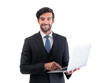 © suphaporn - Confident businessman in formal suit holding laptop and smiling, isolated on a transparent background, professional male office worker using computer for business, technology and corporate concept