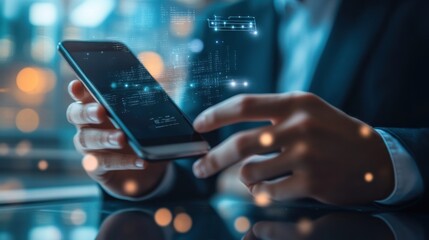 Poster - Modern business professional using a smartphone with data overlay