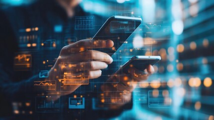 Aufkleber - Hands holding smartphones overlaid with data visualizations.  Modern technology and communication concept