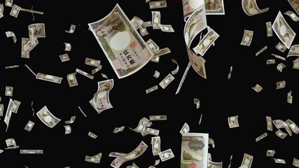 Wall Mural - Falling Japanese Yen banknotes on black background