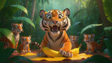A joyful scene of cartoon tiger cubs in a vibrant jungle setting.