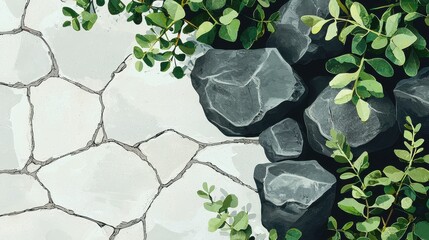 Wall Mural - textured background with green leaves and rocks on cracked surface