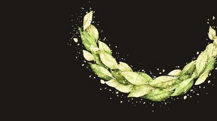 Wall Mural - artistic green laurel wreath design with watercolor effect on black