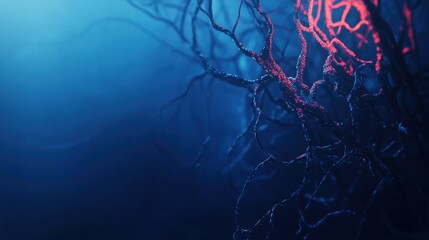 Wall Mural - abstract image showcasing intricate, dark branches illuminated by soft red and blue lights, creating