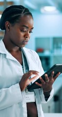 Aufkleber - Research, science and black woman in lab, tablet and typing with report for pharmaceuticals results. African person, employee or scientist in workplace, medical or digital app for vaccine development