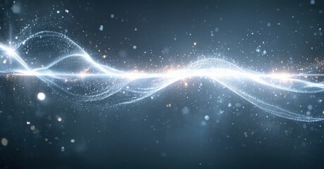 Leinwandbilder - Bright wavy lines illuminate dark background. Sparkling particles create dynamic energy flow. Abstract light display evokes motion, power.