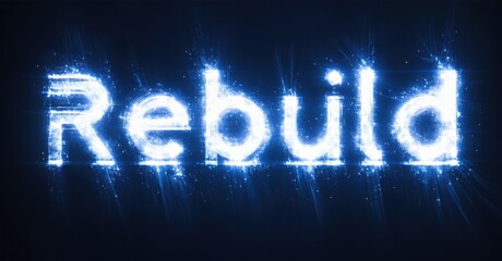 Fototapete - Bright text reads Rebuild against dark blue background. Light rays emanate from lettering, creating dynamic visual effect.