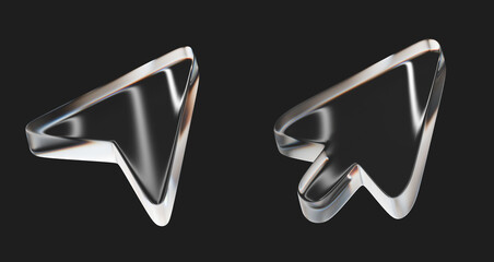 3d glassy arrow icons set with refraction isolated on a black background. Render a transparent glass cursor with overlay dispersion light. Glassmorphism arrow icons.