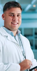 Aufkleber - Happy man, face or scientist with tablet at laboratory for science research, new study or innovation. Portrait, male person or health worker with smile on technology or app for scientific development