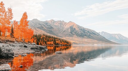  Autumnal lake nestled amongst vibrant fall foliage and mountains.