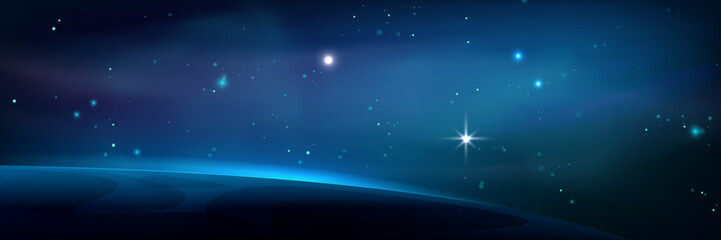 Wall Mural - deep space starry background - dark blue night sky with glowing stars, distant nebula clouds on hori