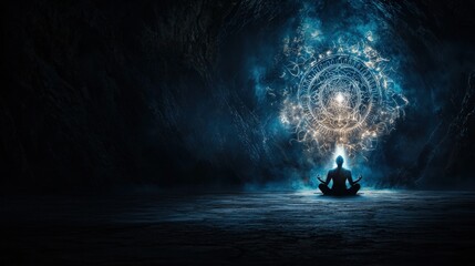 Poster - Meditative practice unveils cosmic energy in dark cave digital artwork mystical environment surreal viewpoint