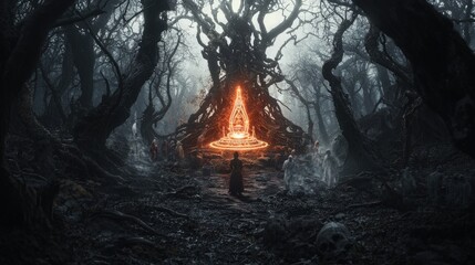 Aufkleber - Mystical ritual unfolds in enchanted forest surreal scene dark atmosphere magical elements fantasy concept