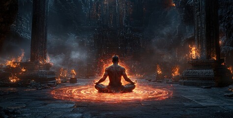 Aufkleber - Meditative fire ritual ancient temple digital art dark environment centered viewpoint spiritual awakening