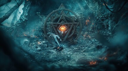 Aufkleber - Mystical ritual unveiled ancient ruins digital art enchanted forest close-up fantasy concept