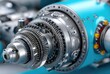 © Kien - Close-up of an aircraft engine's gear system, showcasing the intricate gears and levers in motion on a light blue background