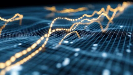 Wall Mural - dynamic data visualization: abstract lines of data undulate across a technological grid, highlightin