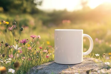plain white ceramic mug, flower meadow background, grassy patch podium, blooming wildflowers around,