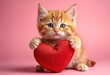 © Giuseppe Cammino - Ginger kitten hugging toy red heart. Cute cat on pink background. Valentine's Day love concept. Banner, advertisement, billboard for animal shelter, veterinary clinic