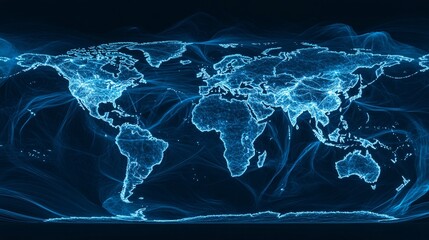 digital world map with connectivity and data flow dark background tech illustration