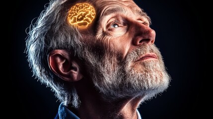 Wall Mural - man with a brain on his head. the brain is glowing and it looks like it is on fire