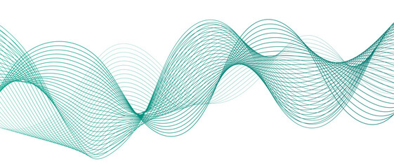 Fototapete - Abstract wave pattern composed of translucent teal-green flowing lines. Futuristic, and minimal, evoking themes of technology, data, and sound waves. Gradient and green wave curve lines