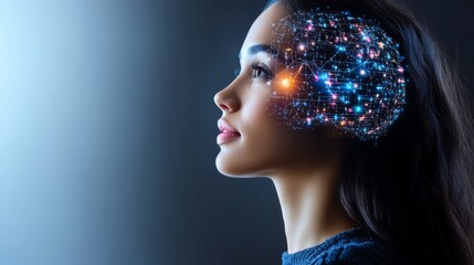 Wall Mural - woman with a computer chip in her head. the woman is looking at the camera