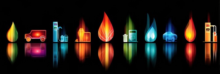 Poster - Colorful Fuel Icons Representing Energy Diversity Over a Dark Background Showcasing Various Energy Sources and Fuel Types