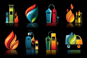 Poster - Colorful Fuel Icons Representing Energy Diversity on a Black Background Highlighting Sustainable Power Sources and Innovation