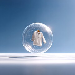 Poster - Isolated Protection: A Crisp White Shirt Encased in a Transparent Bubble Against a Soft Blue Sky Background.