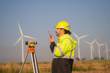 Aufkleber - Engineer man working at windmill farm Generating electricity clean energy. Wind turbine farm generator by alternative green energy.