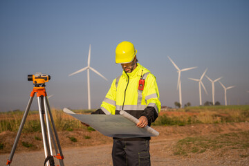 Aufkleber - Engineer man working at windmill farm Generating electricity clean energy. Wind turbine farm generator by alternative green energy.