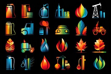 Poster - Colorful Fuel Icons Symbolize Energy Diversity Against a Black Background Showcasing Various Energy Types and Their Representation